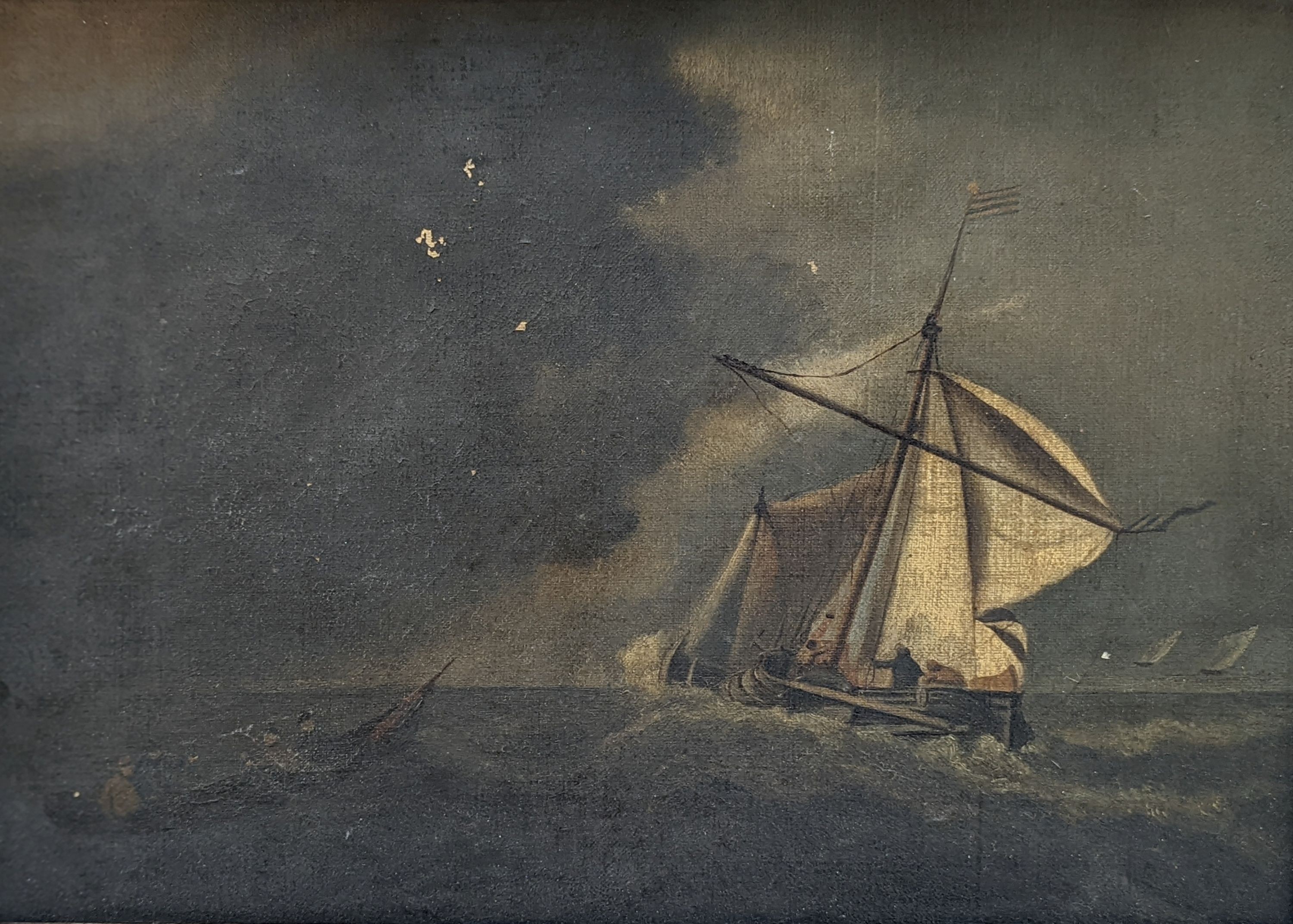 19th century English School, oil on canvas, Fishing boats off the coast, 24 x 34cm